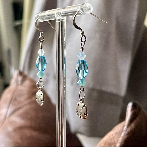 Sterling Silver Sand Dollar Blue Crystal Drop Dangle Earrings - Picture 4 of 8